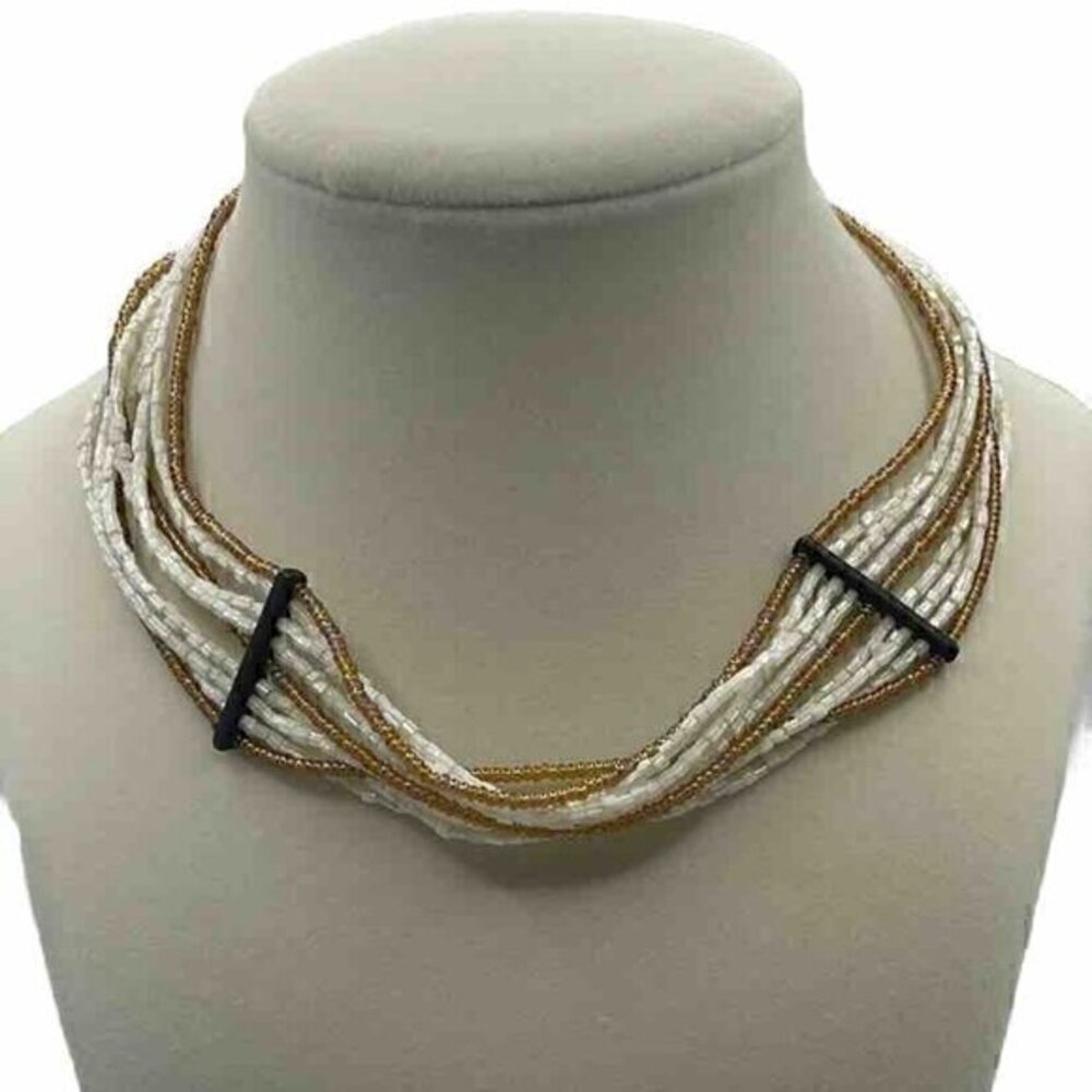 Mediterranean Bead White Cream/Gold 9 Multi Strand Necklace Vtg 17 inch…